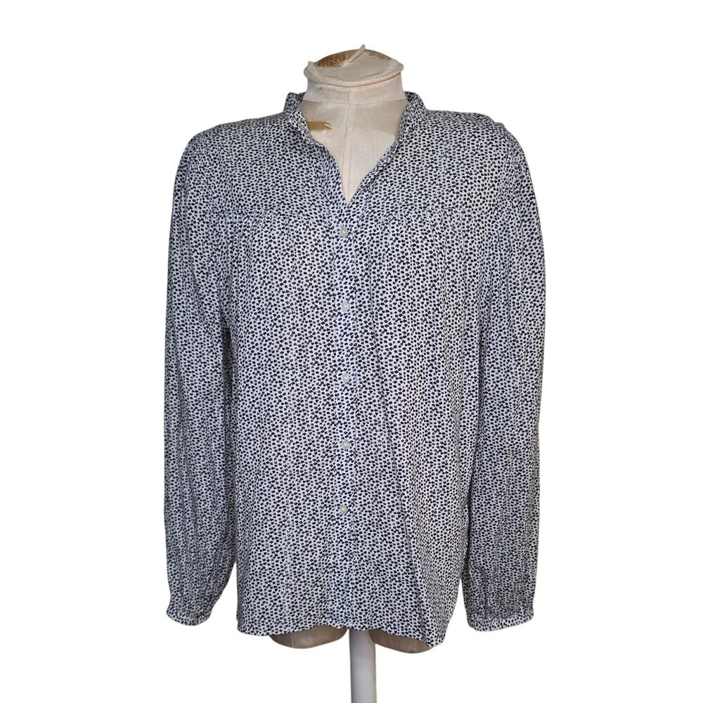 Loft Black Floral Silver Stripe Long‎ Sleeve Button Front Blouse Size L
